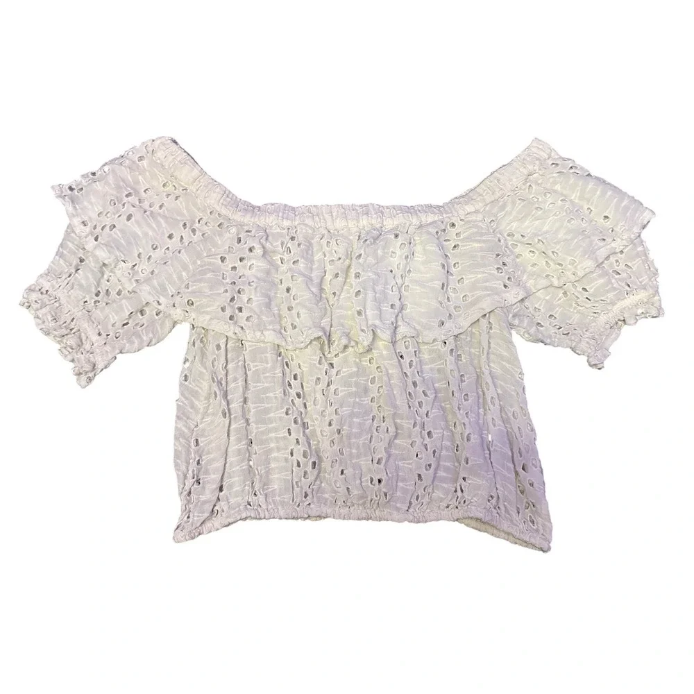 Free People Womens White Thrills + Frills‎ Eyelet Off Shoulder Crop Top Large